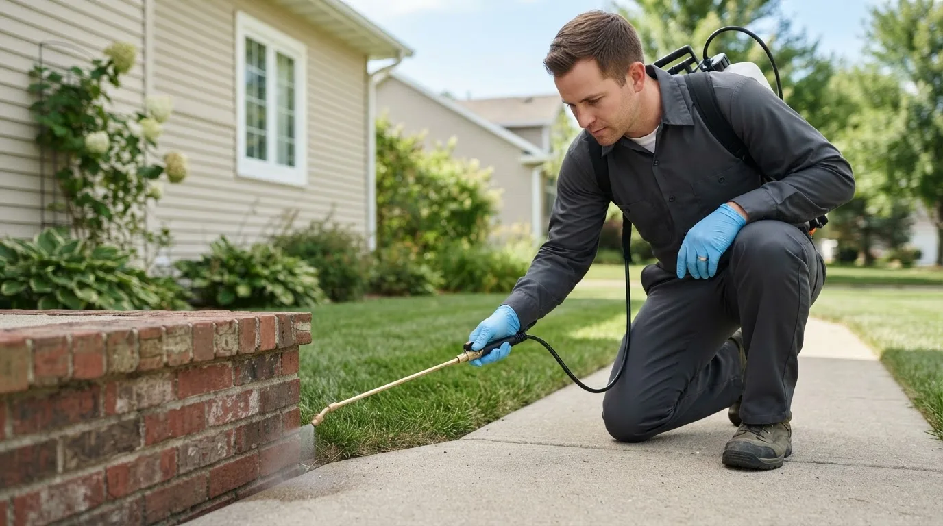 Pest control technician treating a home near Harvard, NE