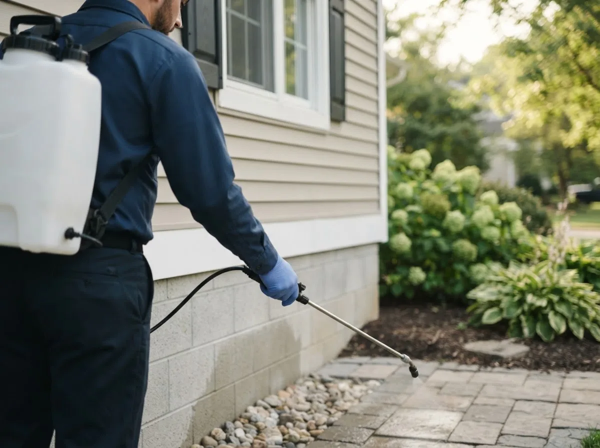 Pest control technician inspecting a home in Harvard, NE